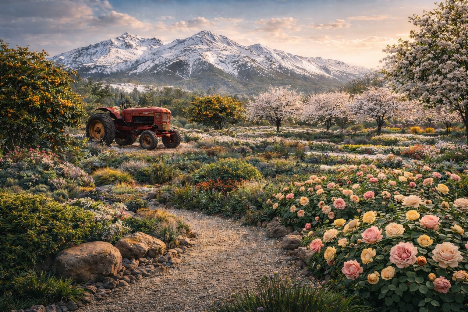 The Gardens at EarthStoneRock - panoramic view of the nursery and garden sanctuary in Visalia, CA with Sierra Nevada mountains, roses, citrus trees, and river rock pathways